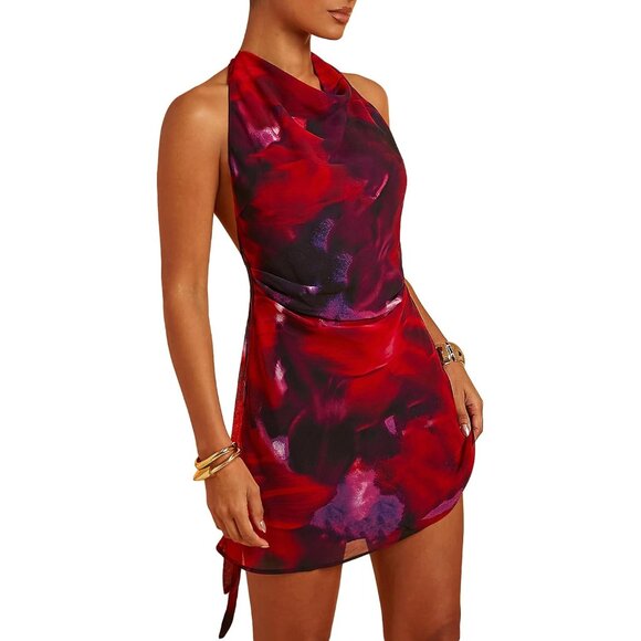 Women's Tie Dye Cowl Neck Mini Dress Polyester Halter Night Out - Picture 2 of 5